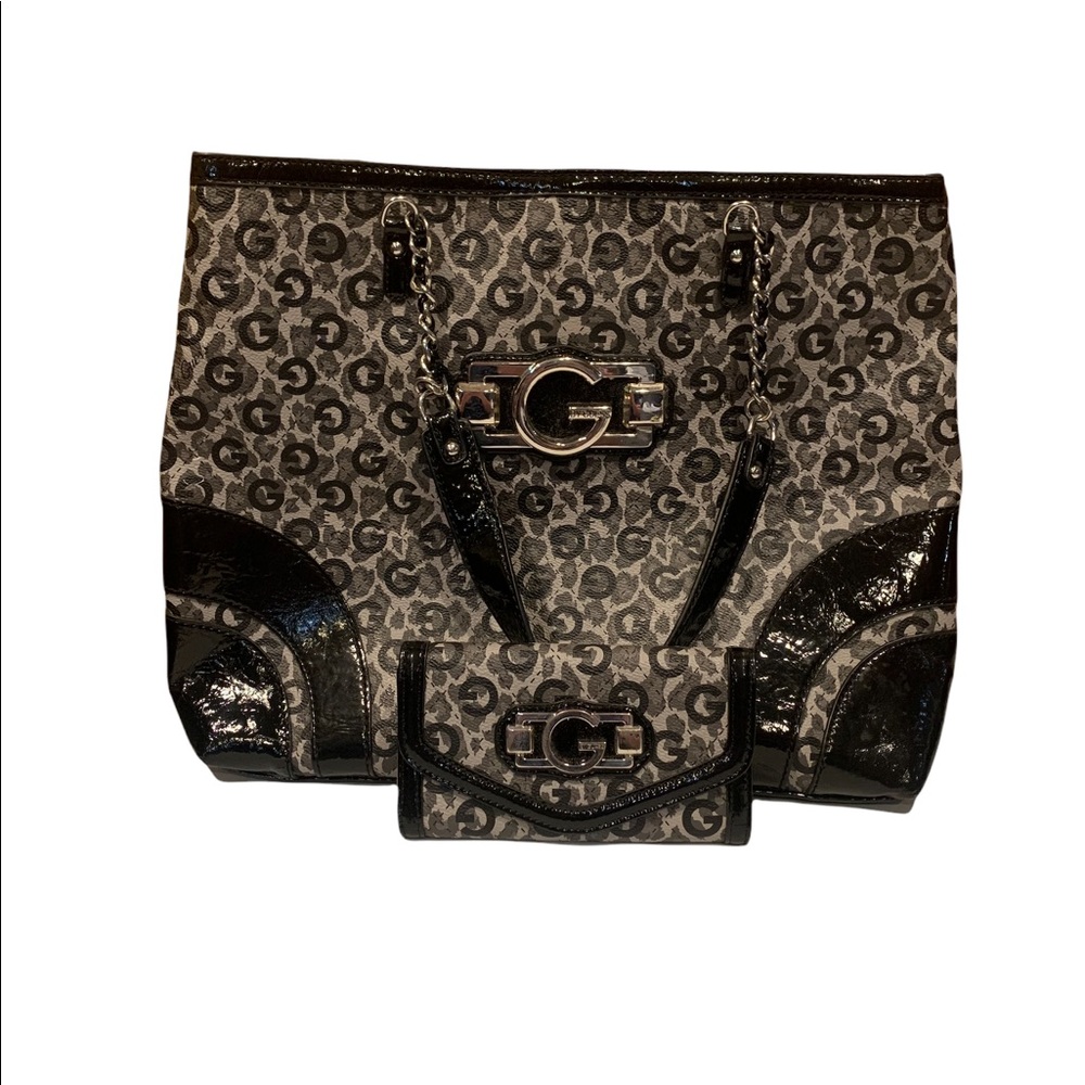 Guess Satchel Tote Shoulder Bag Black/Grey Leopard Print W/Matching Wallet